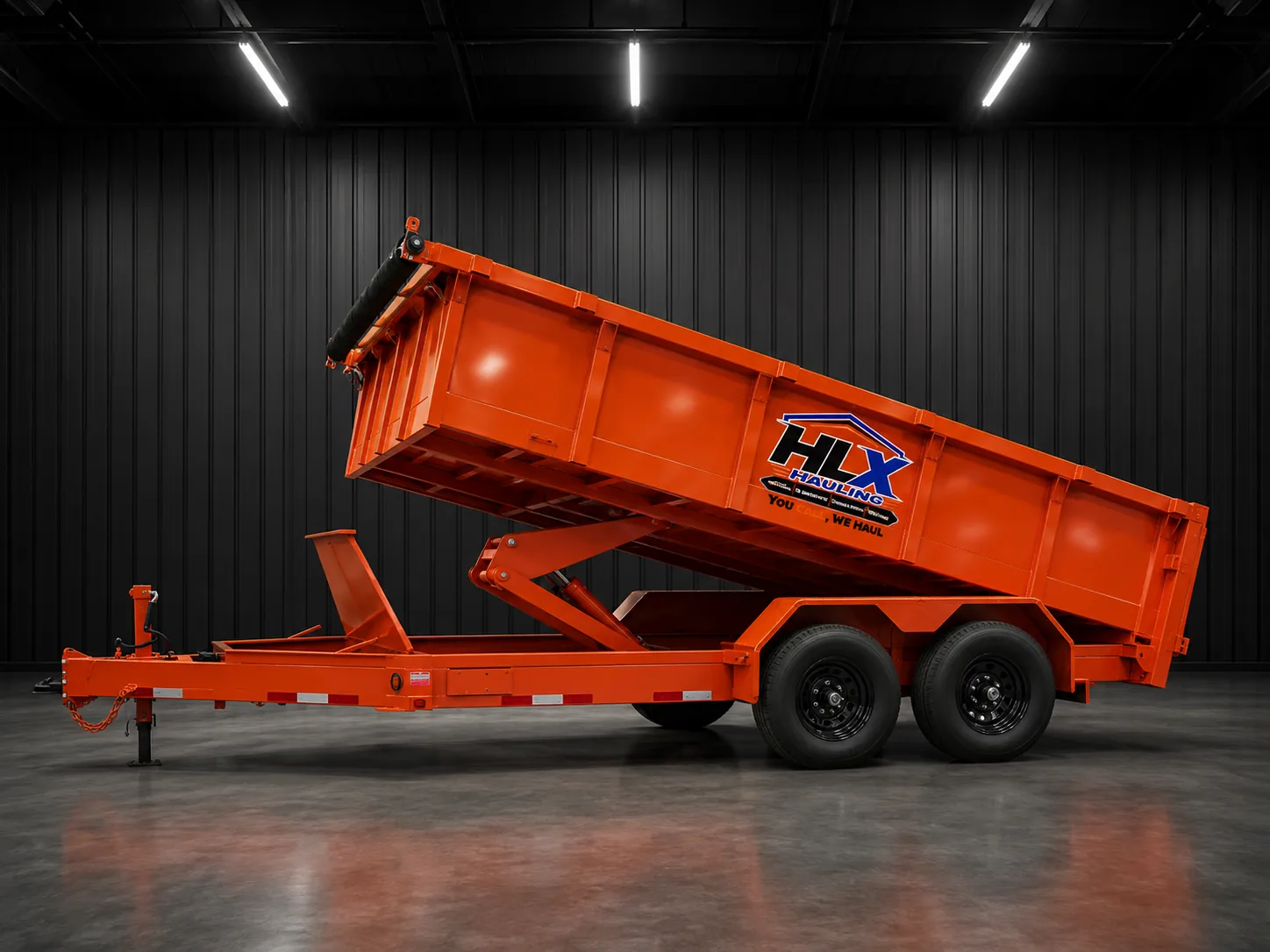 HLX Hauling orange dump trailer with hydraulic tilt bed