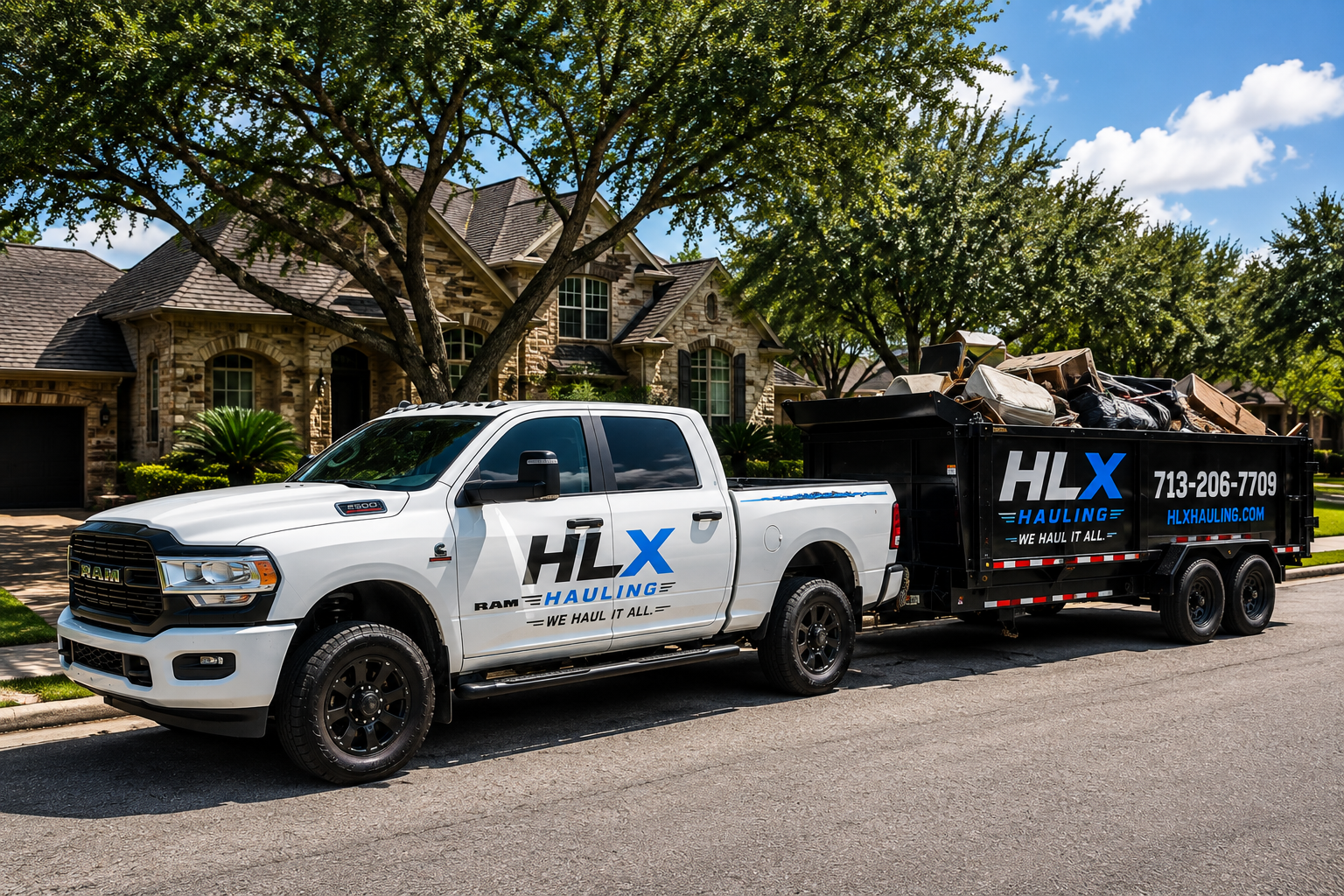 HLX Hauling white Ram 2500 pulling a black dump trailer loaded with junk, parked outside a suburban home on a sunny day