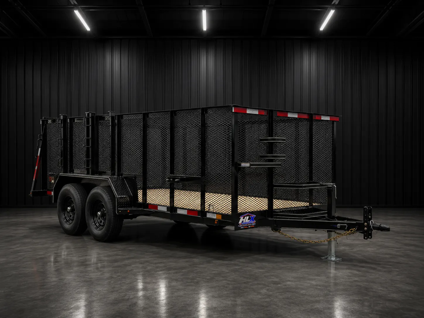 HLX Hauling black 16-yard utility dump trailer with mesh sides
